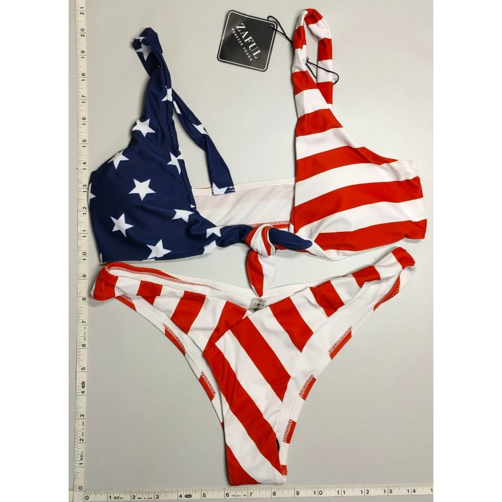 NWT ZAFUL Medium Front tie Tankini American Flag bikini set